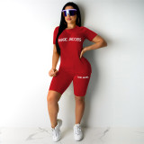 Letter Print Short Sleeve Shorts Slim 2 Piece Set QKYF-71355