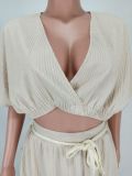 Solid Color V Neck Waist Belt Skirts Two Piece Set YD-8711