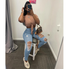 Solid Color Denim Holes Fashion Jeans GDYF-6906