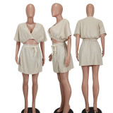 Solid Color V Neck Waist Belt Skirts Two Piece Set YD-8711