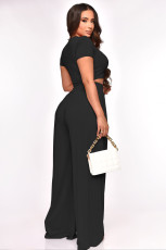 Solid Crop Tops And Wide Leg Pants Two Piece Set XMY-9411