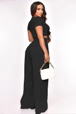 Solid Crop Tops And Wide Leg Pants Two Piece Set XMY-9411