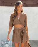 Solid Color V Neck Waist Belt Skirts Two Piece Set YD-8711
