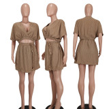 Solid Color V Neck Waist Belt Skirts Two Piece Set YD-8711