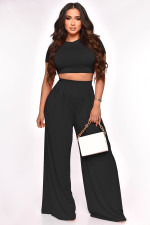 Solid Crop Tops And Wide Leg Pants Two Piece Set XMY-9411