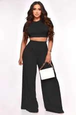 Solid Crop Tops And Wide Leg Pants Two Piece Set XMY-9411