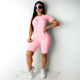 Letter Print Short Sleeve Shorts Slim 2 Piece Set QKYF-71355