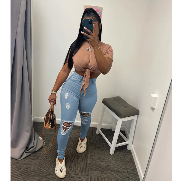 Solid Color Denim Holes Fashion Jeans GDYF-6906