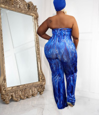 Plus Size Sexy Print Wrap Chest Tie Up Loose Jumpsuit XHSY-19569