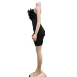 Solid Color Feather Wrap Chest Sleeveless Mini Dress BY-6278