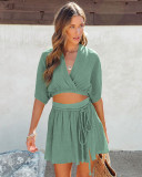 Solid Color V Neck Waist Belt Skirts Two Piece Set YD-8711