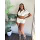 Solid Color Stacked Sleeve Shirt Two Piece Shorts Set  DDF-88203