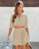 Solid Color V Neck Waist Belt Skirts Two Piece Set YD-8711