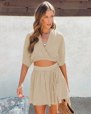 Solid Color V Neck Waist Belt Skirts Two Piece Set YD-8711