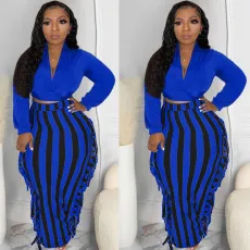 Plus Size Long Sleeve Top Striped Tassel Long Skirt Sets LP-66326