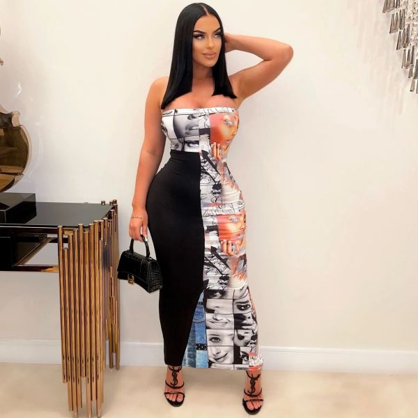 Printed Splicing Split Wrap Chest Dress YH-5292