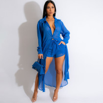 Sexy See-through Split Sunscreen Long Coat Shorts Set MEI-9307