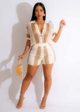 Hollow Out See-through Lapel Knitted Shorts Set ZSD-0261