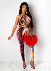 Tie Dye Print Wrap Chest Tie Up Two Piece Pants Set BS-1344