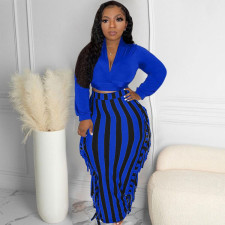 Plus Size Long Sleeve Top Striped Tassel Long Skirt Sets LP-66326