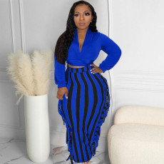 Plus Size Long Sleeve Top Striped Tassel Long Skirt Sets LP-66326
