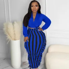 Plus Size Long Sleeve Top Striped Tassel Long Skirt Sets LP-66326