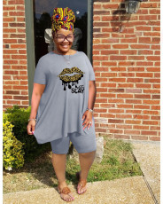 Plus Size Lips Print Casual Loose Top Two Piece Shorts Set WAF-7416311