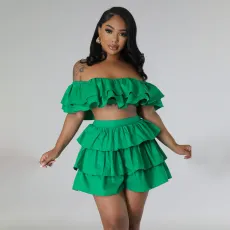 Ruffle Zipper Wrap Chest  And Shorts Two-piece Set MIL-L464