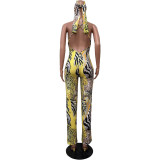 Leopard Print Sling Jumpsuit With Headscarf OD-8547