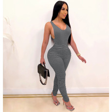 Sexy Solid Color Sleeveless Pleated Jumpsuit OMY-11009