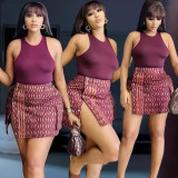 Sexy Solid Sleeveless Tops And Print Skirts Two Piece Set WMEF-20333