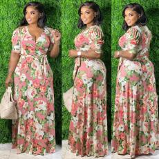 Plus Size Print V Neck Maxi Dress NK-8624