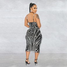 Sexy Mesh Hot Drill Tassel Midi Dress BY-6273