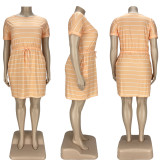 Plus Size Casual Striped Short Sleeve Drawstring Dress LDS-3279