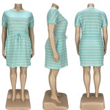 Plus Size Casual Striped Short Sleeve Drawstring Dress LDS-3279
