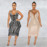 Sexy Mesh Hot Drill Tassel Midi Dress BY-6273