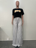 Printed Top Striped Loose Straight Wide Leg Pants Suit OLYF-6117