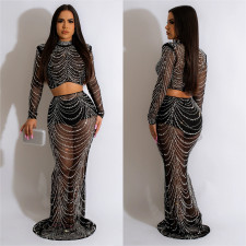 Solid Mesh Hot Drill Long Sleeve Two Piece Skirts Set BY-6318