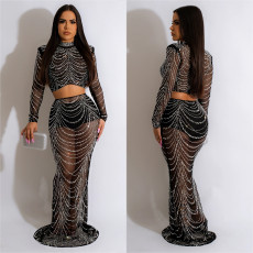 Solid Mesh Hot Drill Long Sleeve Two Piece Skirts Set BY-6318