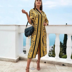 Casual Print 3/4 Sleeve Long Dress With Headscarf GYSF-6113