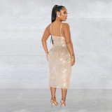 Sexy Mesh Hot Drill Tassel Midi Dress BY-6273