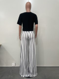 Printed Top Striped Loose Straight Wide Leg Pants Suit OLYF-6117