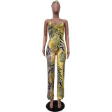 Leopard Print Sling Jumpsuit With Headscarf OD-8547