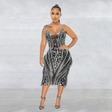 Sexy Mesh Hot Drill Tassel Midi Dress BY-6273