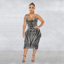 Sexy Mesh Hot Drill Tassel Midi Dress BY-6273