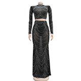 Solid Mesh Hot Drill Long Sleeve Two Piece Skirts Set BY-6318