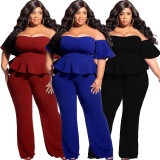 Plus Size Solid Color One Shoulder Loose Jumpsuit LDS-3323