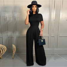 Fashion Solid Color Short Sleeve Bodysuits+Wide Leg Pants Suit SHD-9418