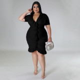 Plus Size Double Layer Ruffle V Neck Midi Dress NNWF-7816