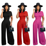 Fashion Solid Color Short Sleeve Bodysuits+Wide Leg Pants Suit SHD-9418